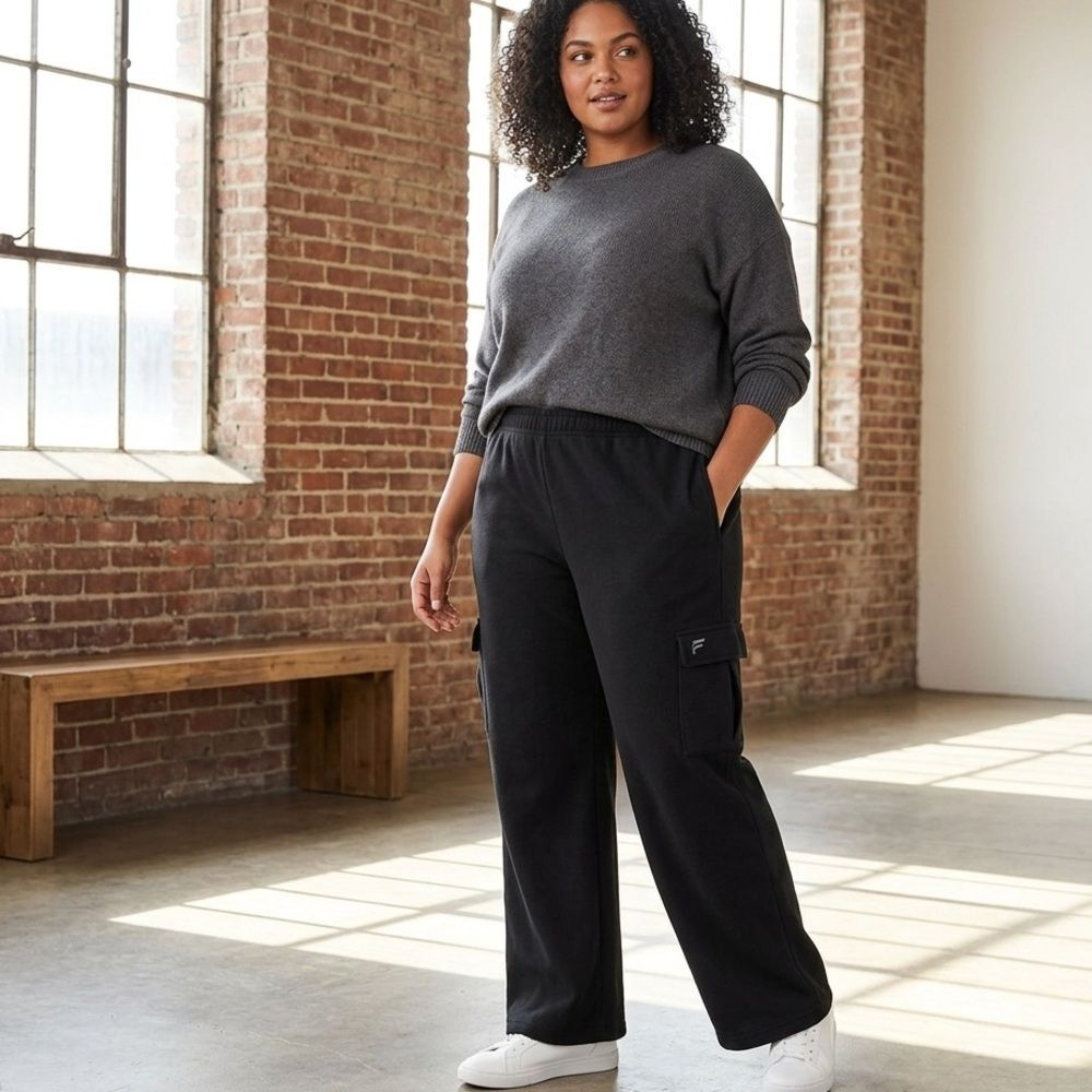 Fabletics Wide Leg Cargo Fleece Sweatpants Black XL EUC Cozy Athleisure Lounge